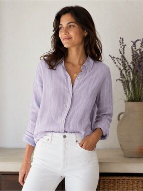 LOFT Lavender and White Stripe Linen Button-Down Shirt